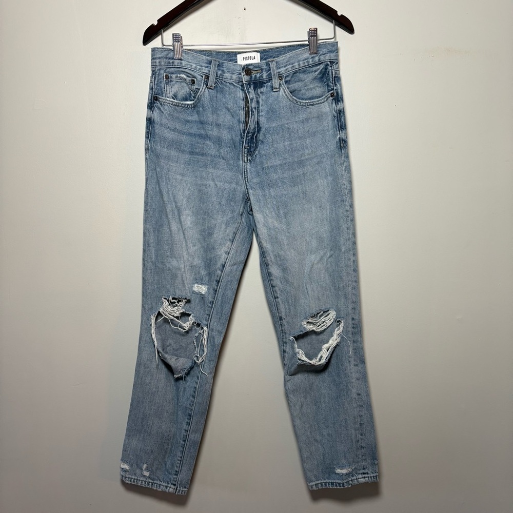 Pistola Jeans Sz 27 Distressed Light Wash Denim High Rise Straight Leg Raw Hem